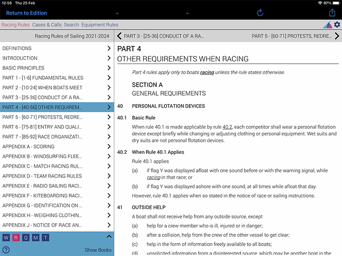 Screenshot showing the integrated eBook in the World Sailing 2021-2024 app